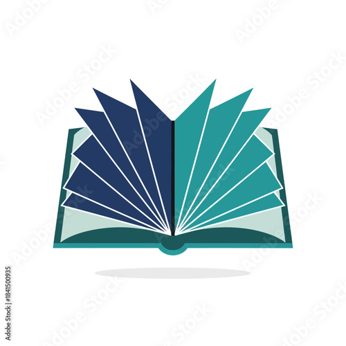 A stylized open book with fanned pages in shades of blue and teal, representing knowledge and learning.