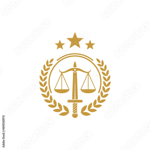 Golden emblem featuring scales of justice, a sword, laurel wreath, and three stars, symbolizing law and order.