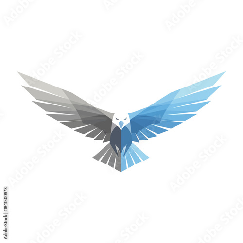 Obraz na płótnie Geometric polygonal owl or eagle with outstretched wings in blue and grey gradient