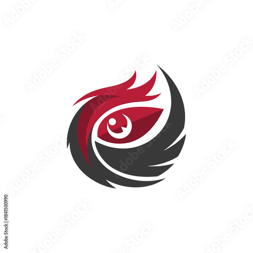 Stylized red and black eye logo with sharp, dynamic wing-like elements in a circular design.