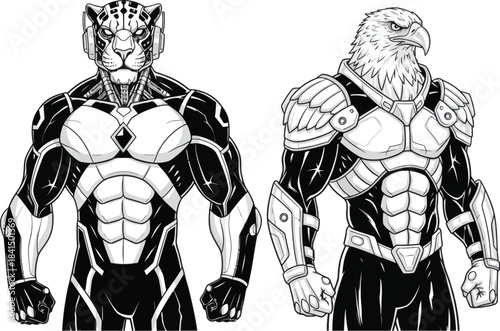 Tiger warrior and eagle warrior muscular characters vector
