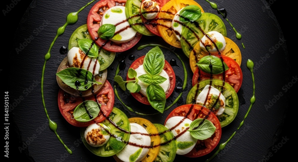 Fototapeta premium Colorful Caprese Salad Arrangement Featuring Sliced Tomatoes Mozzarella and Basil Drizzled with Balsamic Glaze and Pesto for Gourmet Dining Experience