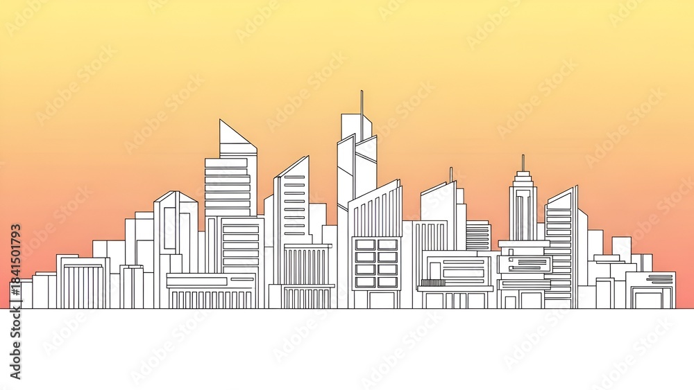 Fototapeta premium Graphic line illustration showing a modern city skyline at dawn with soft, warm, gradient