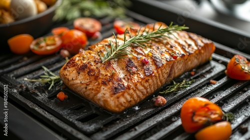 A juicy piece of fish, surrounded by bright tomatoes, browns on the grill with appetising strips and aromatic herbs — the perfect backdrop for food blogs and healthy eating advertisements.