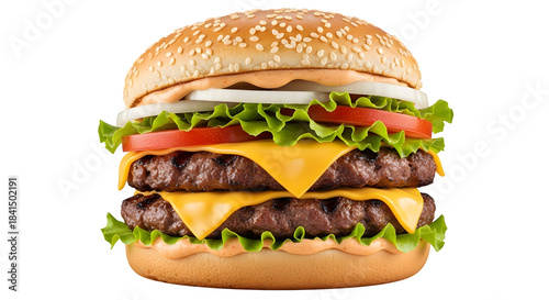 Delicious towering double cheeseburger with fresh ingredients isolated on transparent background