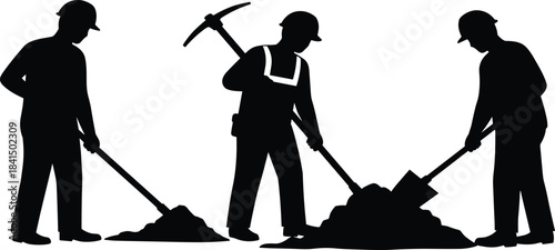 Construction workers silhouettes, manual labor, rake hoe digging, pickaxe excavation, shovel soil work, teamwork, industrial workforce, safety gear, vector 