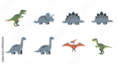 A vibrant collection of tiny dinosaur icon set illustrations featuring simplified prehistoric wildlife figures rendered in a playful, flat 2D vector style, isolated on a clean white background.