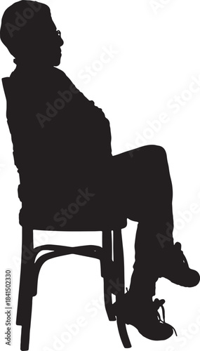 vector, silhouette of   side view of a full portrait of serious woman  sitting on chair