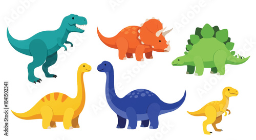 Vibrant prehistoric dinosaur vector icons, rendered in a smooth 2D flat style, are isolated against a clean white background for a playful educational graphic.