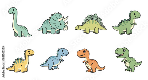 Adorable baby dinosaur icon collection featuring simple 2D flat vector illustrations rendered in soft, muted pastel colors, perfectly isolated on a clean white background.