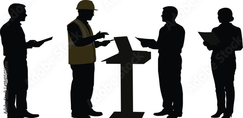 Construction workers silhouettes, teamwork discussion, safety helmet, reflective vest, project planning, engineering collaboration, podium briefing, industrial workforce, communication, 