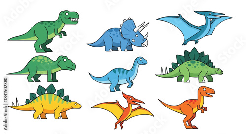 A collection of bold, simple dinosaur icons and prehistoric vector creatures rendered in a striking 2D flat style, isolated cleanly against a bright white background.
