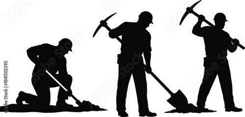 Construction workers silhouettes, manual labor, pickaxe digging, shovel excavation, industrial workforce, mining tools, physical strength, hard hat safety, vector illustrationConstruction workers 
