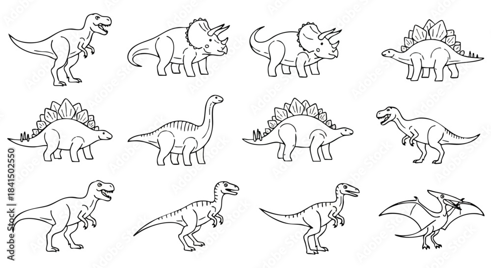 Obraz premium Collection of flat 2D line-art dinosaur icons, showcasing minimal prehistoric species drawings in a modern vector illustration style on a clean white background.