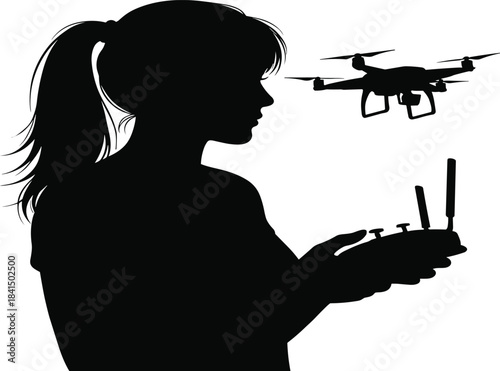 Drone operator silhouette illustration, person flying quadcopter with remote control, aerial photography videography technology concept, modern lifestyle 