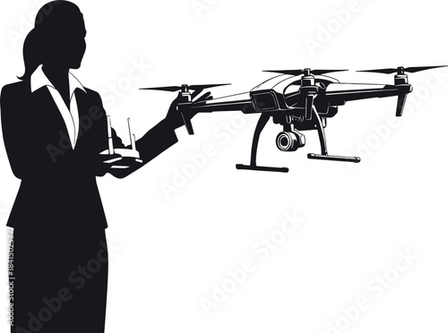 Drone operator silhouette illustration, person in formal attire flying quadcopter with camera, aerial photography technology concept, vector design 