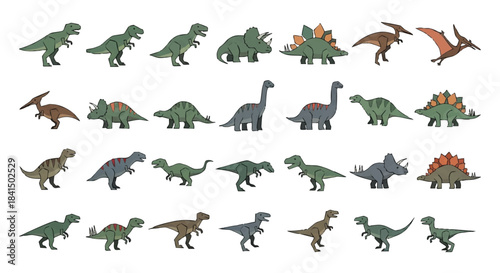 Stylized geometric dinosaur icons representing ancient prehistoric species are showcased in a vibrant 2D flat vector illustration set, isolated on a bright white background.