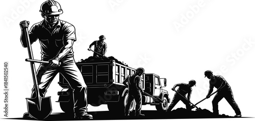 Construction workers silhouettes, teamwork with shovels, dump truck loading soil, manual labor, industrial safety helmets, excavation site, occupational teamwork, vector 