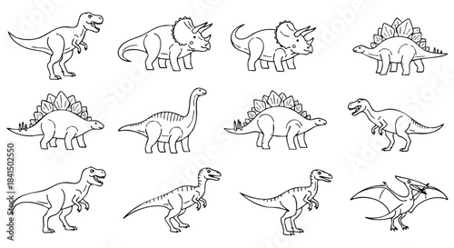 Collection of flat 2D line-art dinosaur icons, showcasing minimal prehistoric species drawings in a modern vector illustration style on a clean white background.