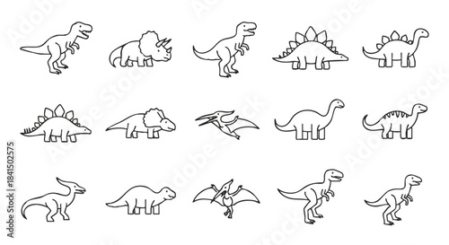 A set of adorable, simple prehistoric animal icons featuring various dinosaurs rendered in a clean, flat 2D vector outline style on an isolated white background.