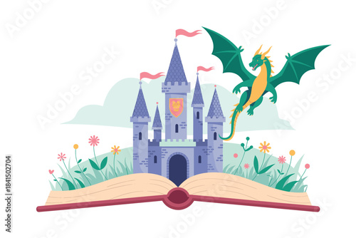 Illustration of an illustration of a green dragon flying over a fairy tale castle emerging from an open book with flowers