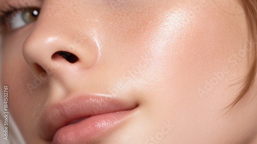 Smooth glowing skin with visible serum texture on healthy cheek, close up of youthful face showing natural radiance and hydration, soft lighting enhances clear complexion and subtle freckles