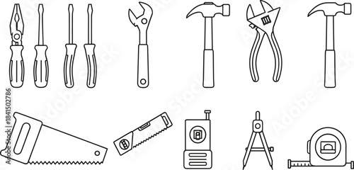 Hand tools silhouettes, pliers, screwdrivers, wrenches, hammers, saws, measuring tape, spirit level, compass, construction equipment, carpentry 