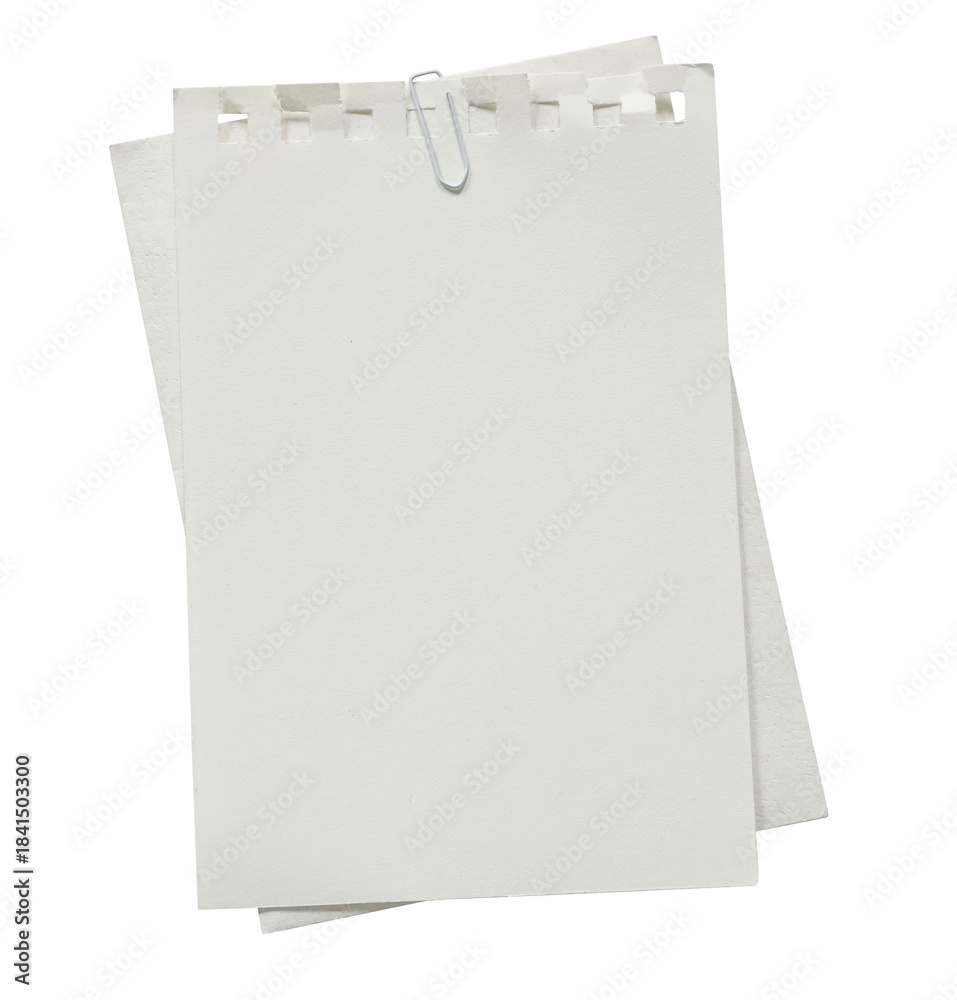 Obraz premium Set of blank torn notebook paper sheets with white paperclip. Empty textured note pages mockups isolated on white background. Scrapbooking, journaling, stationery object. Message reminder templates