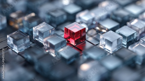 Red cube anomaly among uniform transparent cube in digital grid representing anomaly detection and outlier identification.