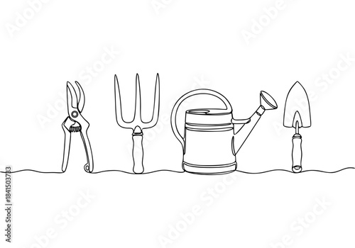 A continuous line drawing of essential gardening tools including pruning shears, a garden fork, a watering can, and a hand trowel, arranged horizontally on a white background.
