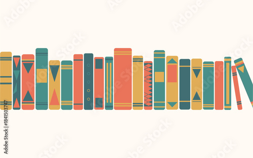 Illustration of colorful illustration of a row of books in various shades and patterns on a beige background