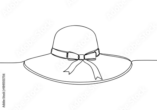 Continuous line drawing of a wide-brimmed sun hat with a ribbon and bow, perfect for summer fashion.