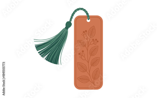 Illustration of a bookmark with a green tassel and leaf design on a pure