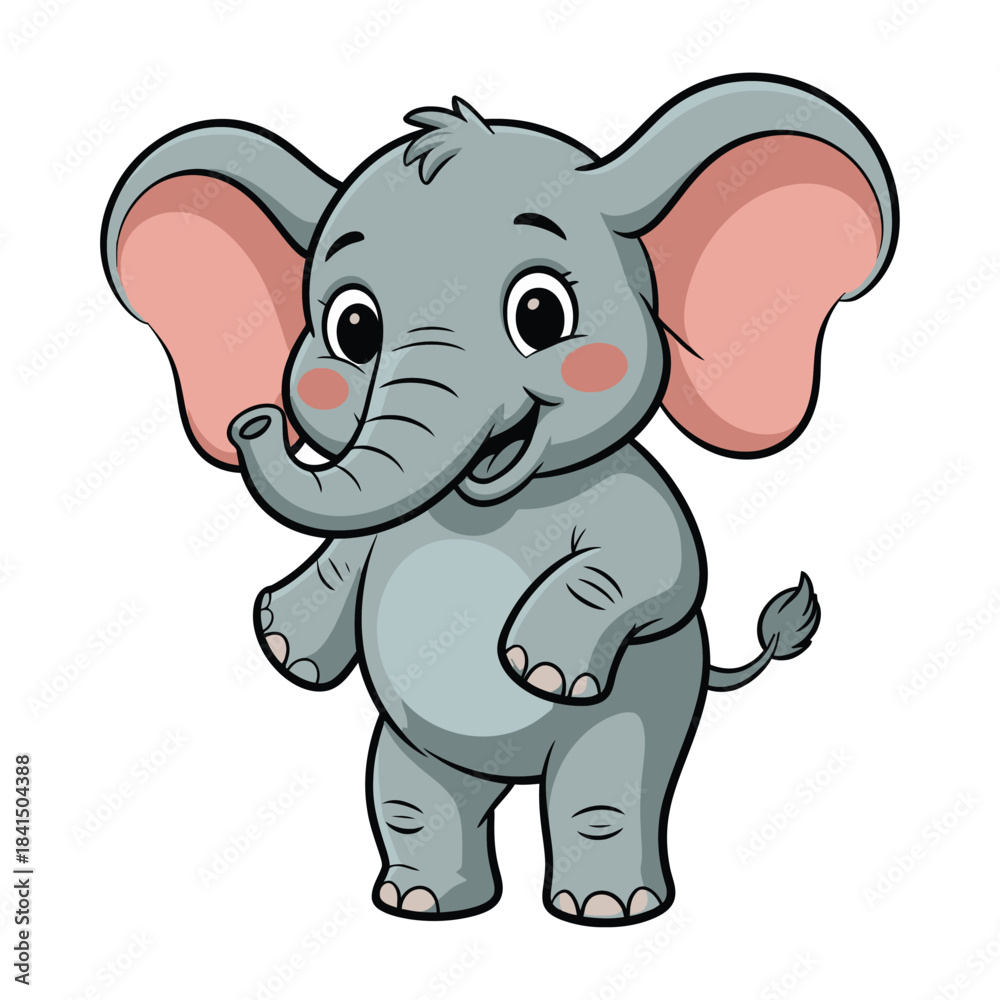 Naklejka premium A funny pink baby elephant cartoon drawing, a cute wild animal character illustration vector for fun safari art.