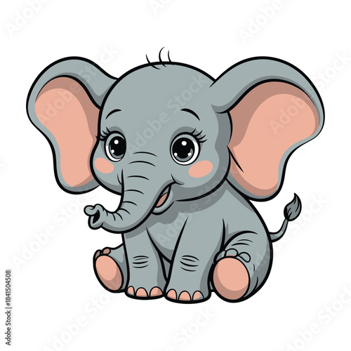 A funny pink baby elephant cartoon drawing, a cute wild animal character illustration vector for fun safari art.