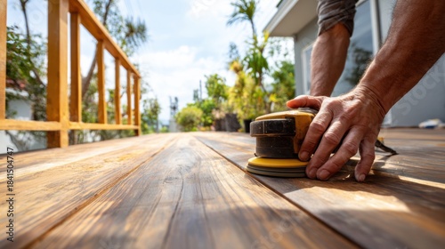 Medium shot of a worker sanding a weathered wooden deck to smooth the surface and prepare for refinishing