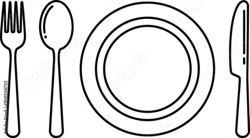 Simple line art illustration of a plate, fork, spoon, and knife, representing dining and mealtime concepts for a clean.