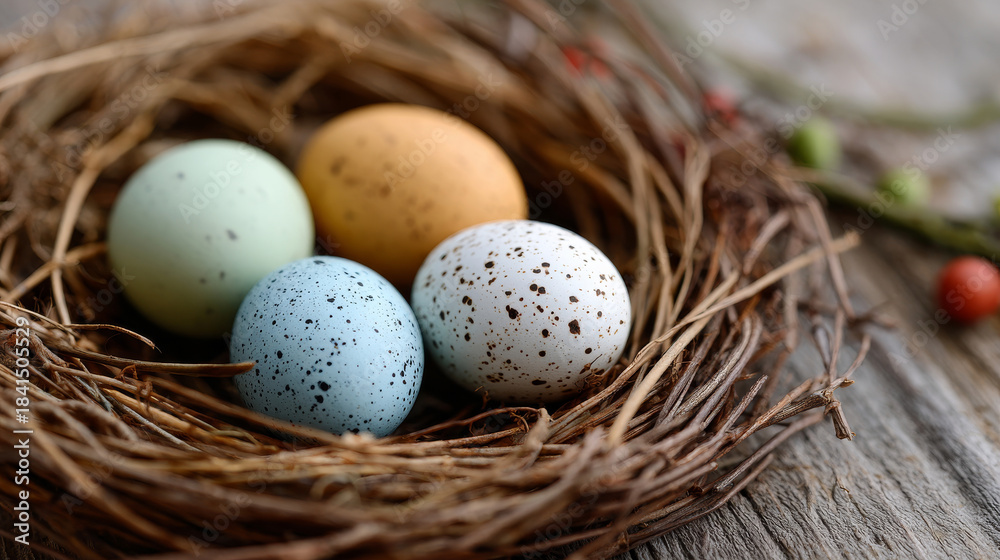 Obraz premium Easter nest filled with eggs, selective focus creating a warm festive spring background.