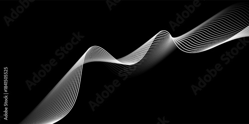 Abstract vector wavy lines flowing smooth curve white light gradient color on black background in concept of technology, science, music, modern.