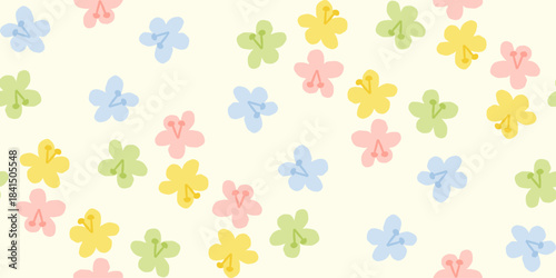 Whimsical hand-drawn spring flowers seamless scatter pattern