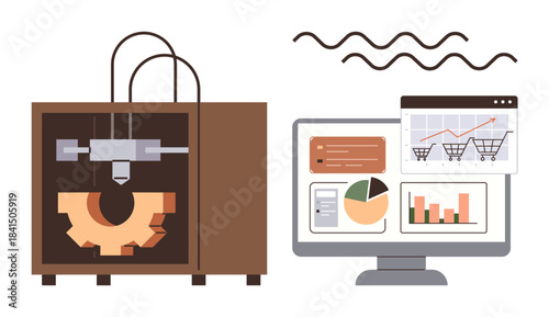 3D printer creating a gear next to a computer showing analytics, charts, and a shopping cart. Ideal for technology, innovation, data analysis, e-commerce, manufacturing, business growth simple flat