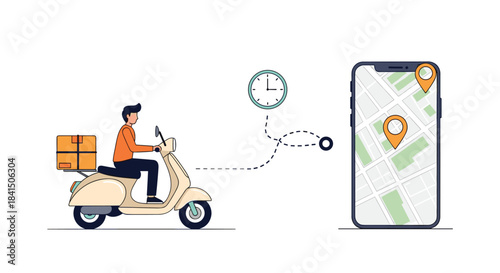 Delivery service concept showing a courier on a scooter and a smartphone with a map for real-time order tracking technology.