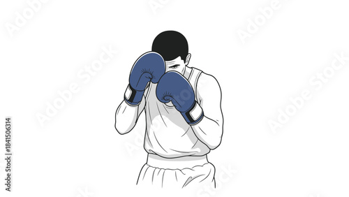 Boxer in Fighting Stance with Blue Gloves and White Tank Top on White Background Sports Illustration