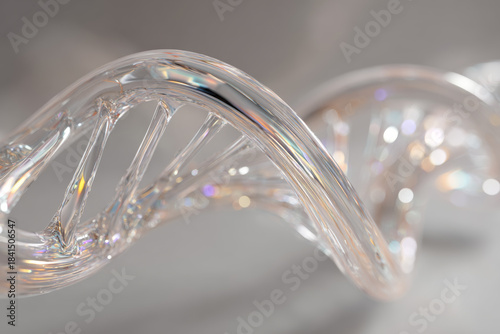 A super detailed 3D rendering of a translucent DNA double helix structure floating against a soft, blurred light background, representing genetics and human heredity research.