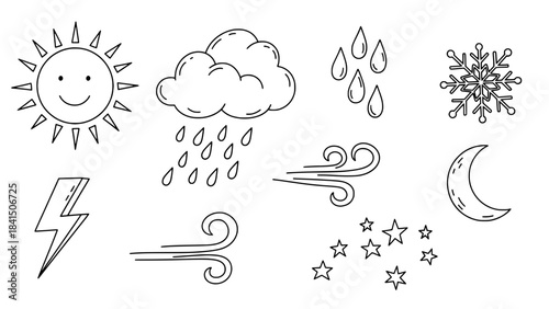 Weather Icons Collection Sun, Rain, Cloud, Moon, Snow, Wind, Stars, Lightning