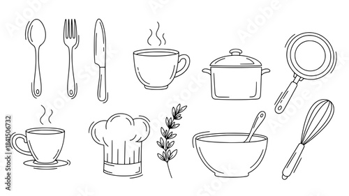 Vector illustration pack of hand-drawn kitchen cooking tools and utensils