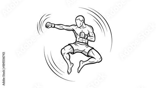 Dynamic Martial Arts Fighter Performing a Powerful Jump Punch Strike in Action