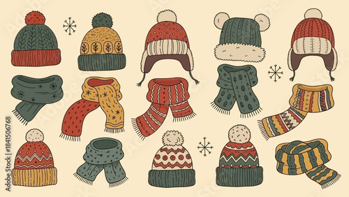 Colorful winter hats and scarves on beige background with snowflakes
