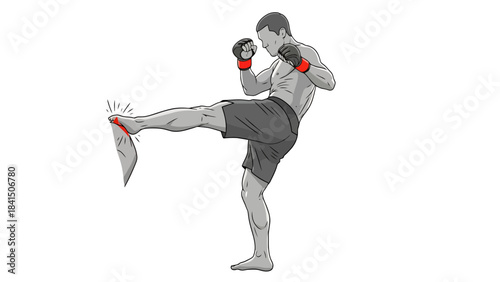 Martial Arts Athlete Performing Powerful Roundhouse Kick in Combat Training Studio