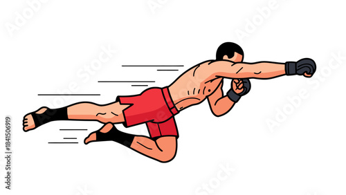 Dynamic Martial Arts Fighter in Mid Air Punch Action Pose Modern Combat Athlete Illustration